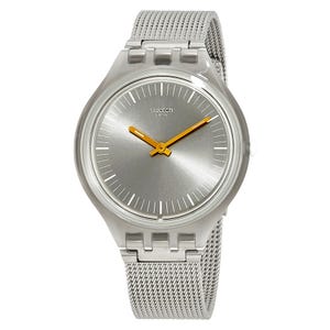 Swatch Men's Skinmesh Silver Dial Watch features a minimalist silver dial with orange hands, a sleek clear case, and a stainless steel mesh strap for a modern look.
