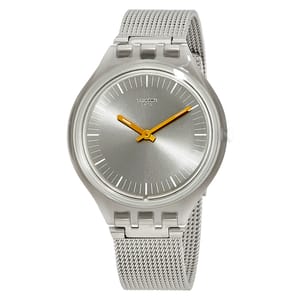 Swatch Men's Skinmesh Silver Dial Watch features a minimalist silver dial with orange hands, a sleek clear case, and a stainless steel mesh strap for a modern look.