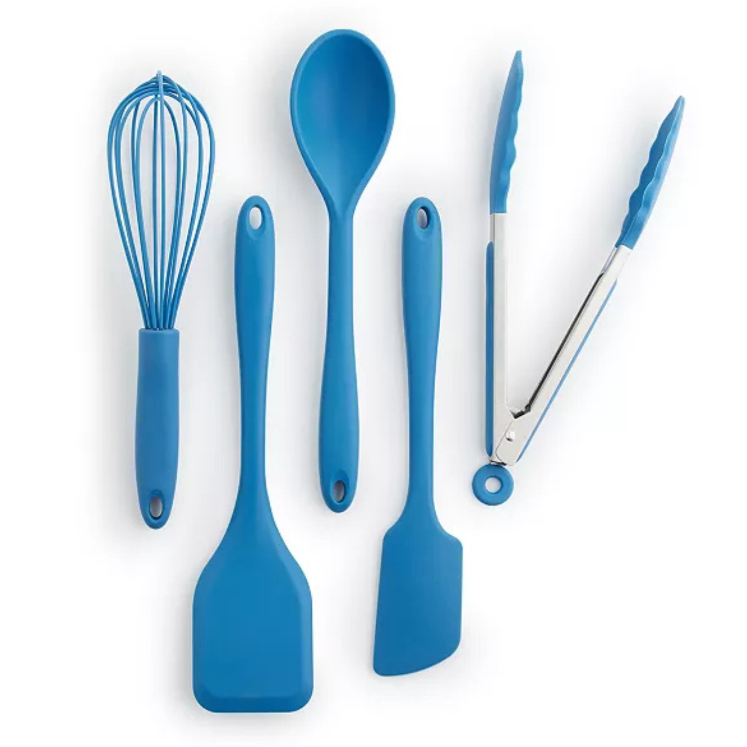 A 5-piece blue silicone kitchen utensil set including a whisk, spoon, spatula, scraper spatula, and tongs with metal handles.