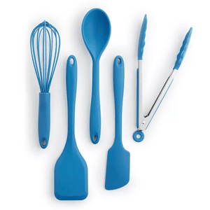 A 5-piece blue silicone kitchen utensil set including a whisk, spoon, spatula, scraper spatula, and tongs with metal handles.