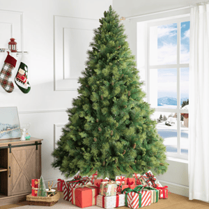 A decorated Christmas tree surrounded by wrapped gifts in a room with a snowy landscape visible through the window.