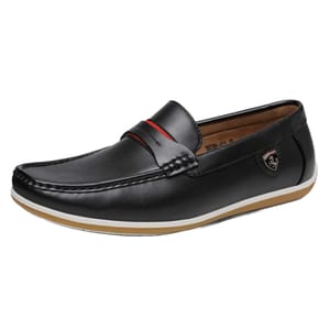 Black men's loafers with a red accent on the strap, featuring a metal emblem on the side and a contrasting tan sole.
