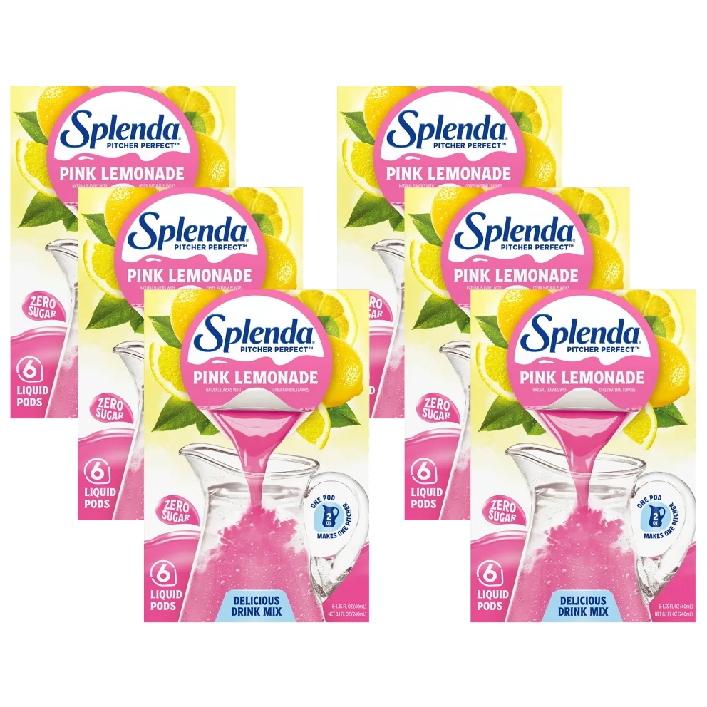 Splenda Pitcher Perfect Pink Lemonade drink mix, zero sugar, comes in boxes of six liquid pods.