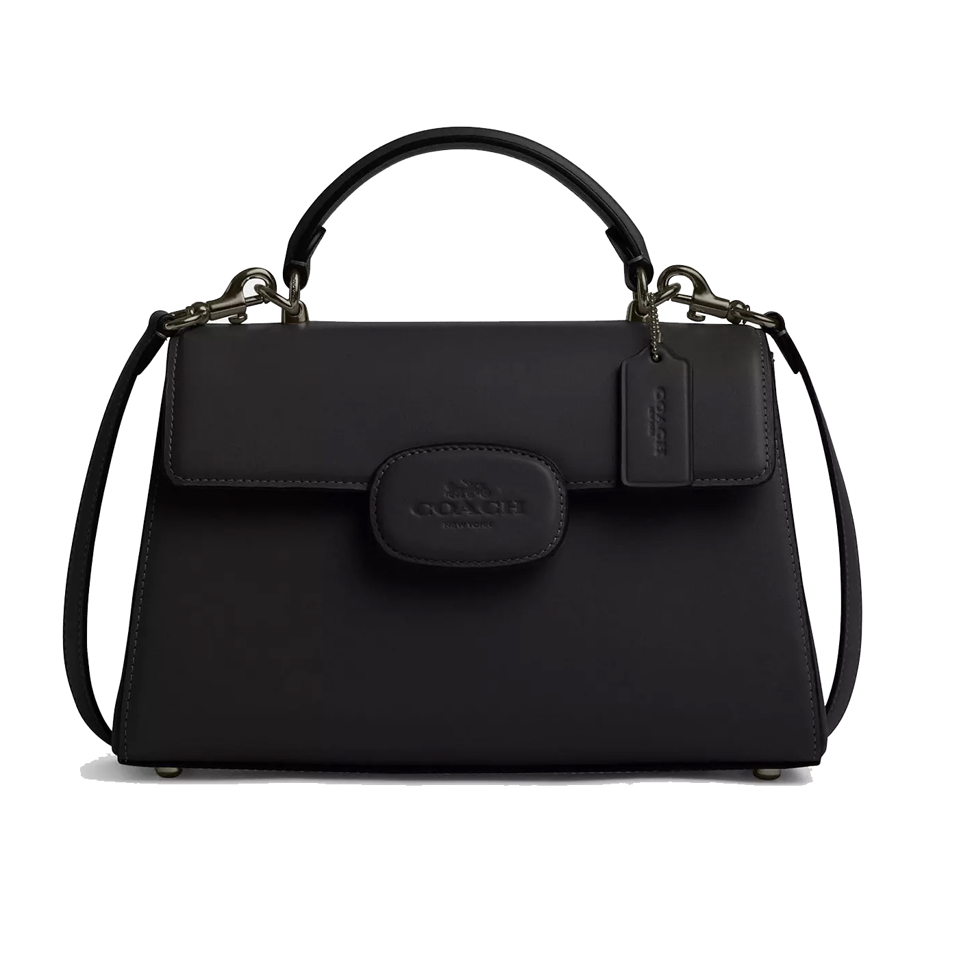 A black leather Coach purse featuring a top handle, adjustable shoulder strap, and the Coach New York logo on the front.