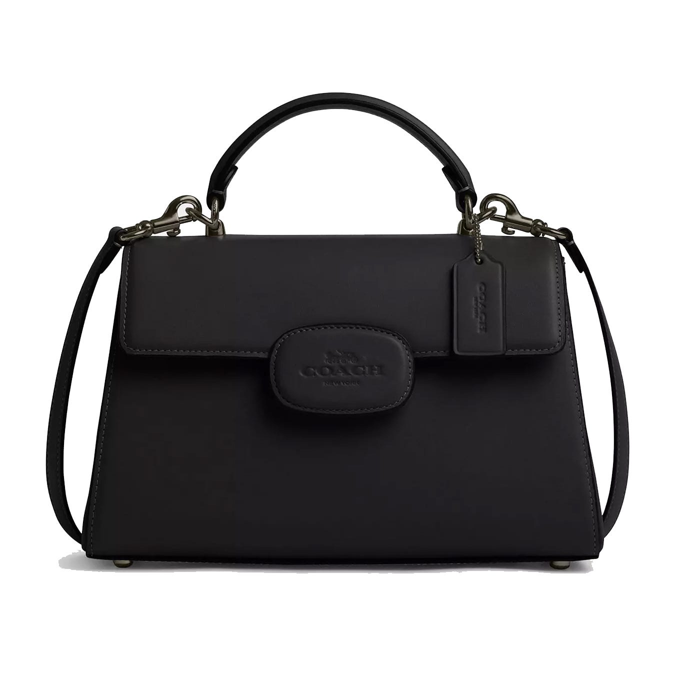 A black leather Coach purse featuring a top handle, adjustable shoulder strap, and the Coach New York logo on the front.