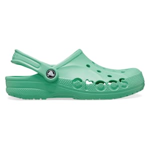 Green Crocs clog with cut-out holes and an adjustable strap. Features the Crocs branding on the side and a logo button near the strap hinge.