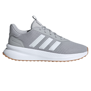 A gray Adidas running shoe with white stripes, featuring a mesh upper, Cloudfoam cushioning, and a gum-colored sole.