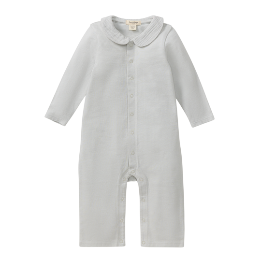 A light gray baby onesie with long sleeves, button-down front, and a Peter Pan collar.