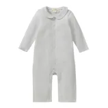 A light gray baby onesie with long sleeves, button-down front, and a Peter Pan collar.