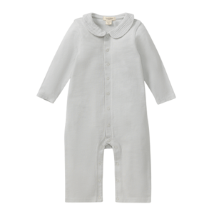 A light gray baby onesie with long sleeves, button-down front, and a Peter Pan collar.