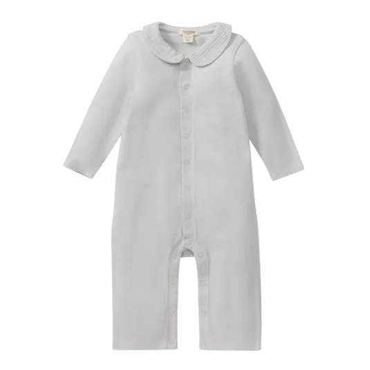 A light gray baby onesie with long sleeves, button-down front, and a Peter Pan collar.
