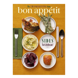 Bon Appétit Thanksgiving issue cover featuring side dishes: maple bacon cabbage wedges, green beans with Parmesan vinaigrette, mashed potatoes, glazed purple sweet potatoes, and golden brown dinner rolls alongside utensils on a mustard-yellow background.