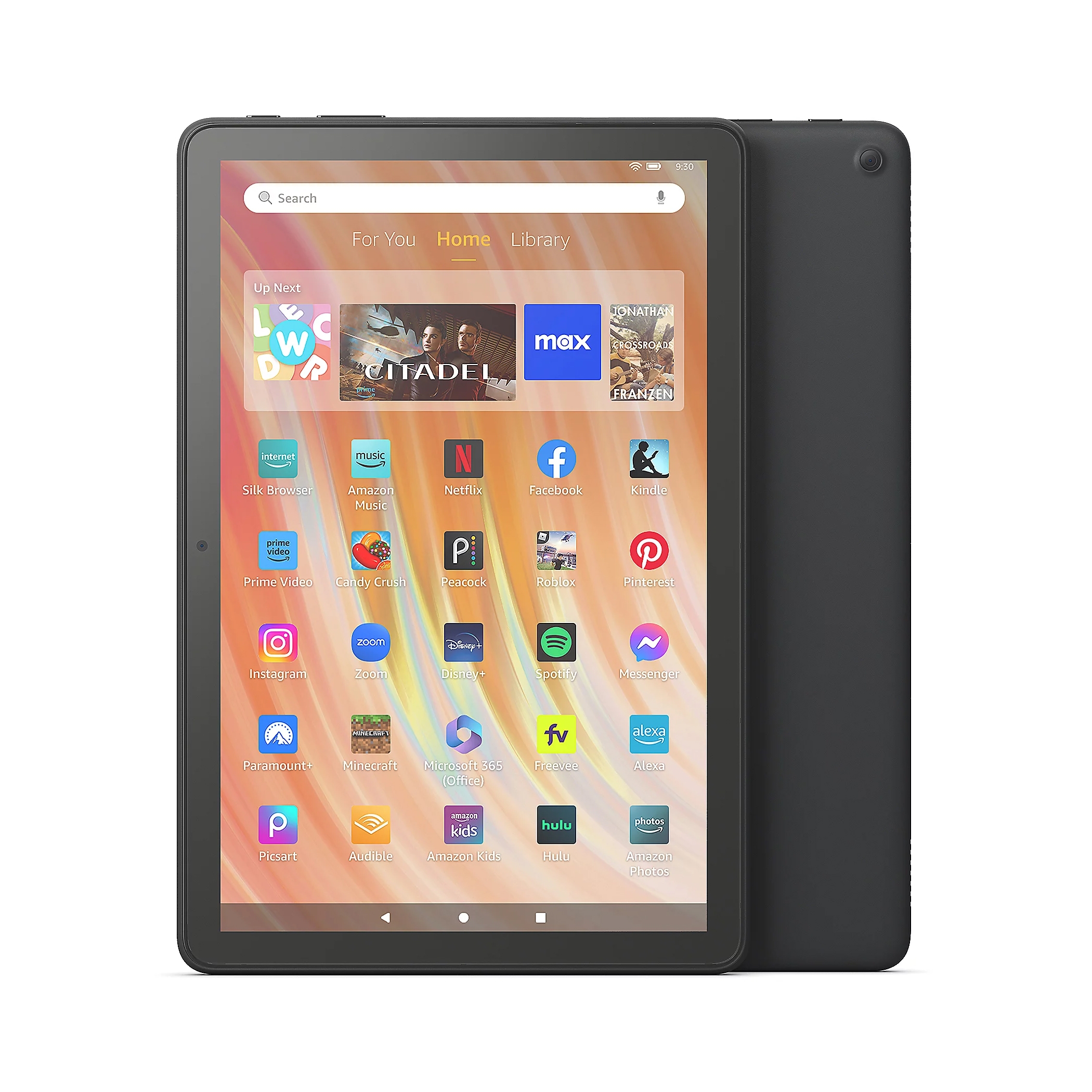 A black Amazon Fire HD 10 Tablet is displayed with its screen showing various app icons like Netflix, Facebook, and Hulu.