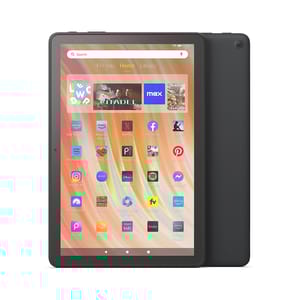 A black Amazon Fire HD 10 Tablet is displayed with its screen showing various app icons like Netflix, Facebook, and Hulu.
