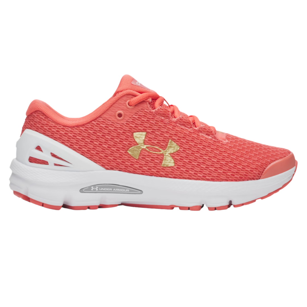 Coral and white Under Armour running shoe with breathable mesh upper, lace-up closure, and cushioned sole featuring the Under Armour logo in gold.