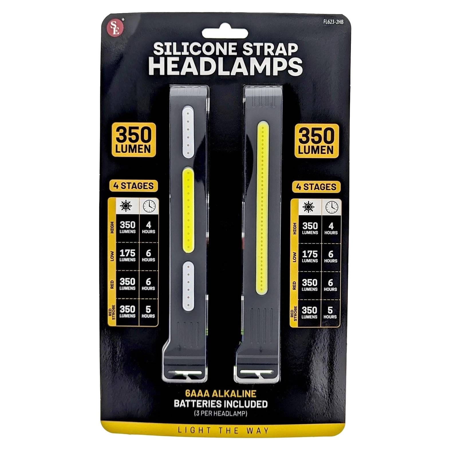 Silicone strap headlamps with 350 lumens, featuring four stages: high (350 lumens, 4 hours), low (175 lumens, 6 hours), red (350 lumens, 6 hours), and red strobe (350 lumens, 5 hours). Includes 6 AAA alkaline batteries (3 per headlamp).