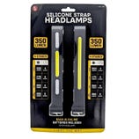 Silicone strap headlamps with 350 lumens, featuring four stages: high (350 lumens, 4 hours), low (175 lumens, 6 hours), red (350 lumens, 6 hours), and red strobe (350 lumens, 5 hours). Includes 6 AAA alkaline batteries (3 per headlamp).