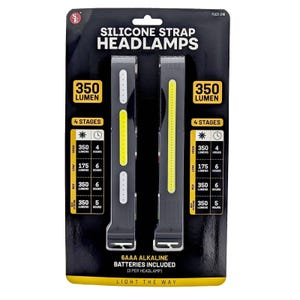 Silicone strap headlamps with 350 lumens, featuring four stages: high (350 lumens, 4 hours), low (175 lumens, 6 hours), red (350 lumens, 6 hours), and red strobe (350 lumens, 5 hours). Includes 6 AAA alkaline batteries (3 per headlamp).