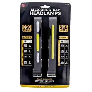 Silicone strap headlamps with 350 lumens, featuring four stages: high (350 lumens, 4 hours), low (175 lumens, 6 hours), red (350 lumens, 6 hours), and red strobe (350 lumens, 5 hours). Includes 6 AAA alkaline batteries (3 per headlamp).