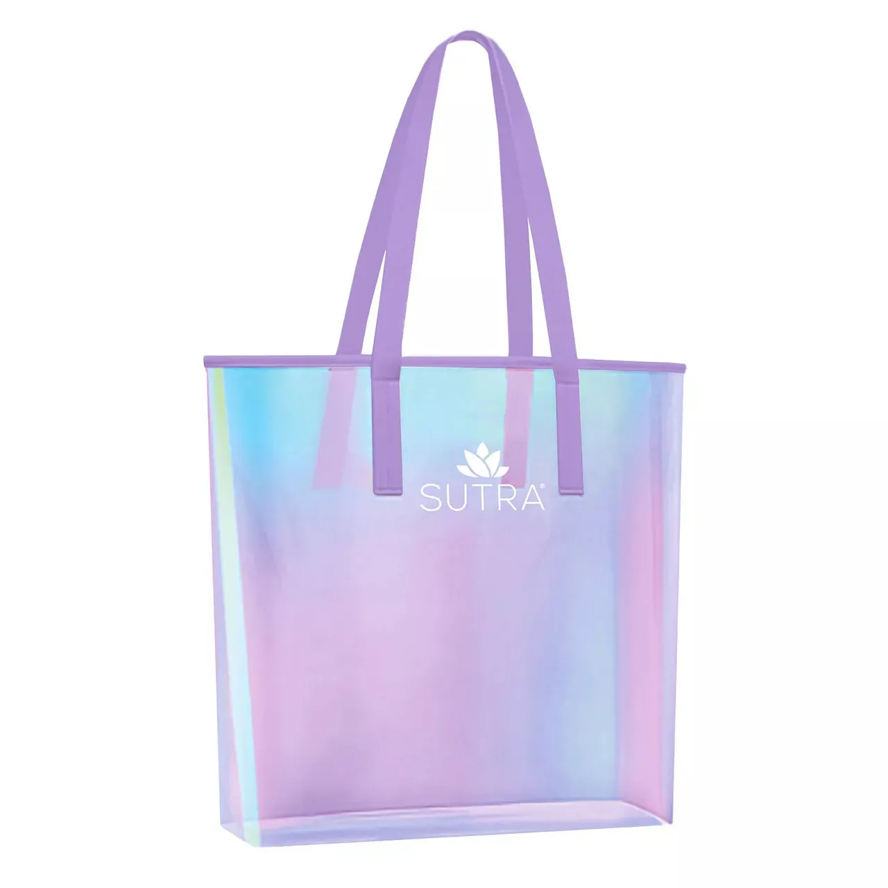 A tote bag with holographic colors, featuring purple handles and a white \“SUTRA\“ logo with a lotus design.