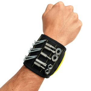 A magnetic wristband is shown holding screws, nuts, washers, and drill bits. This wearable tool organizer allows easy access to small metal items while working.
