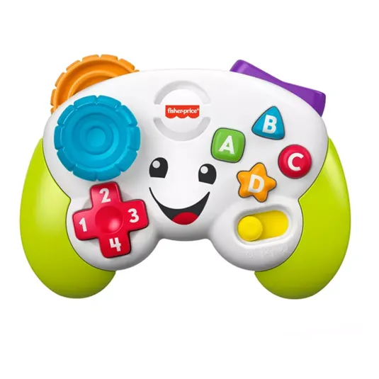 A colorful Fisher-Price learning toy shaped like a game controller, featuring buttons labeled with numbers, letters, and symbols for educational play.