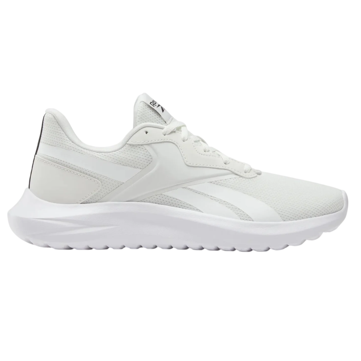 A white athletic shoe with a low-cut design features a sleek silhouette, textured sole, and subtle branding on the side, ideal for casual or sports activities.