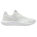 A white athletic shoe with a low-cut design features a sleek silhouette, textured sole, and subtle branding on the side, ideal for casual or sports activities.