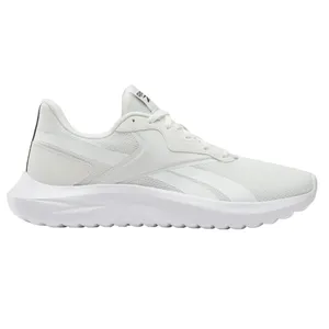 A white athletic shoe with a low-cut design features a sleek silhouette, textured sole, and subtle branding on the side, ideal for casual or sports activities.