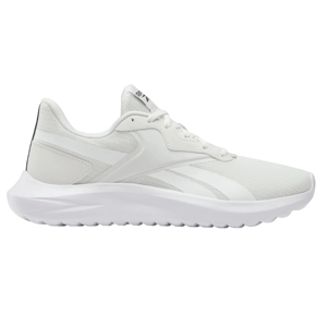 A white athletic shoe with a low-cut design features a sleek silhouette, textured sole, and subtle branding on the side, ideal for casual or sports activities.