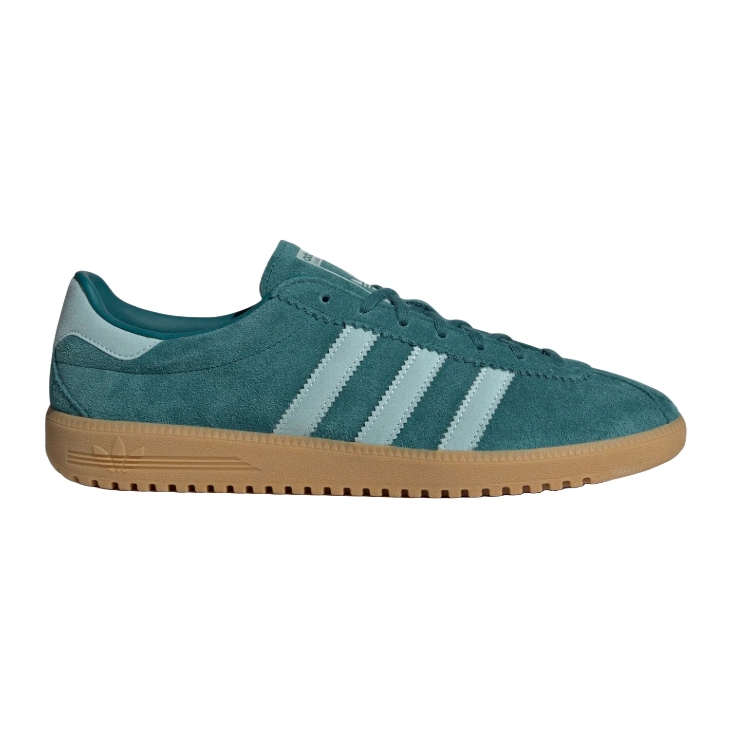 A teal suede Adidas sneaker with light blue stripes and a gum sole, featuring a retro design.