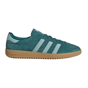 A teal suede Adidas sneaker with light blue stripes and a gum sole, featuring a retro design.