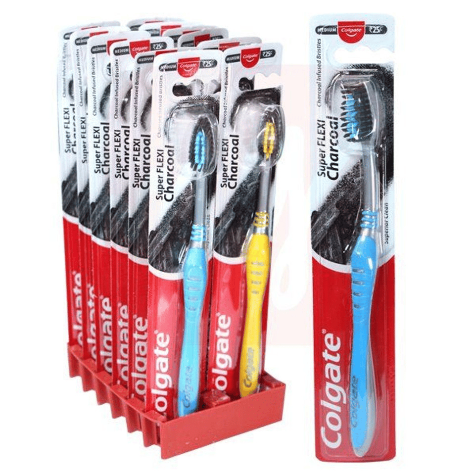 A 24-pack of Colgate toothbrushes with charcoal-infused bristles for enhanced cleaning, each individually packaged in blister packs for sale.