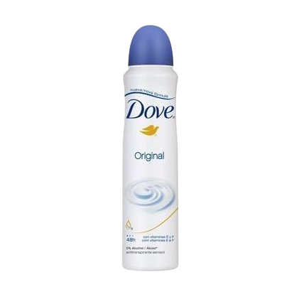 Dove Original deodorant spray with a 48-hour protection formula, enriched with vitamins E and F, and contains 0% alcohol.