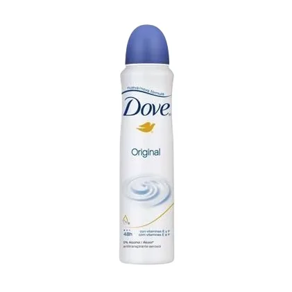 Dove Original deodorant spray with a 48-hour protection formula, enriched with vitamins E and F, and contains 0% alcohol.