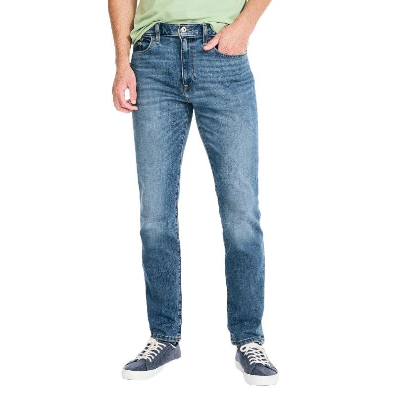 Vintage Straight Jeans in a medium-blue wash with a slightly faded look, featuring a classic five-pocket design and straight-leg fit. Paired with blue casual sneakers.