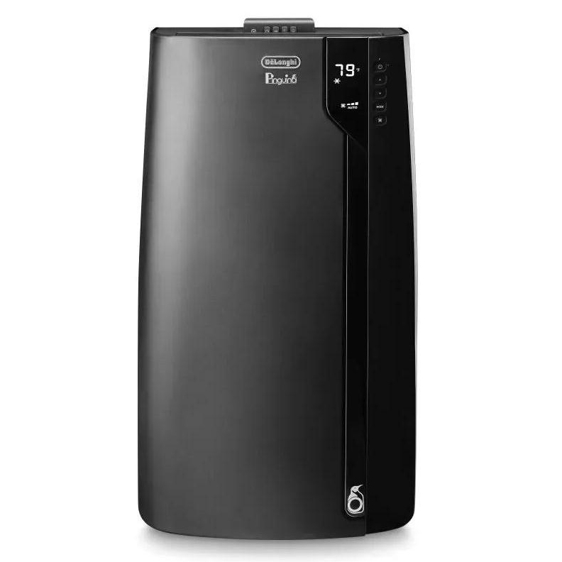 A sleek, black DeLonghi Pinguino portable air conditioner with a digital display showing the temperature and operational indicators on the right side.