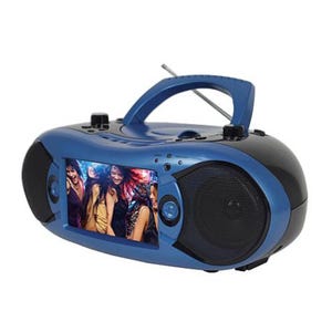 A blue and black wireless stereo boombox with a built-in TV screen, featuring speakers on each side and a carrying handle on top. The TV screen shows an image of people enjoying a party.