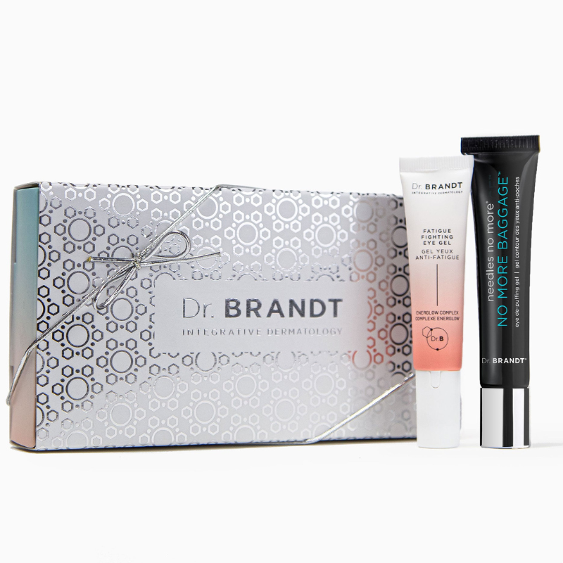 Dr. Brandt Integrative Dermatology set with \“Fatigue Fighting Eye Gel\“ and \“Needles No More No More Baggage\“ eye depuffing gel.