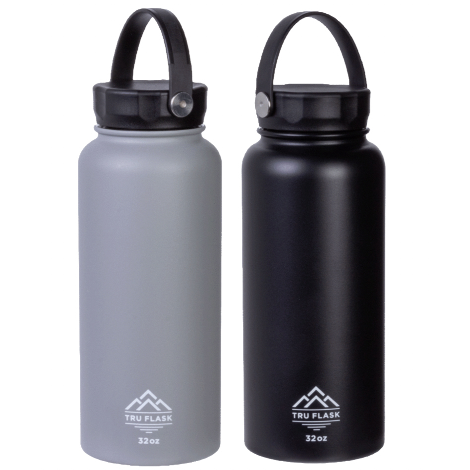 Two Tru Flask 32oz insulated bottles, one gray and one black, with a black handle and lid. They feature a simple design with the brand logo and size printed on the front.