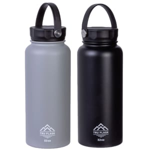 Two Tru Flask 32oz insulated bottles, one gray and one black, with a black handle and lid. They feature a simple design with the brand logo and size printed on the front.