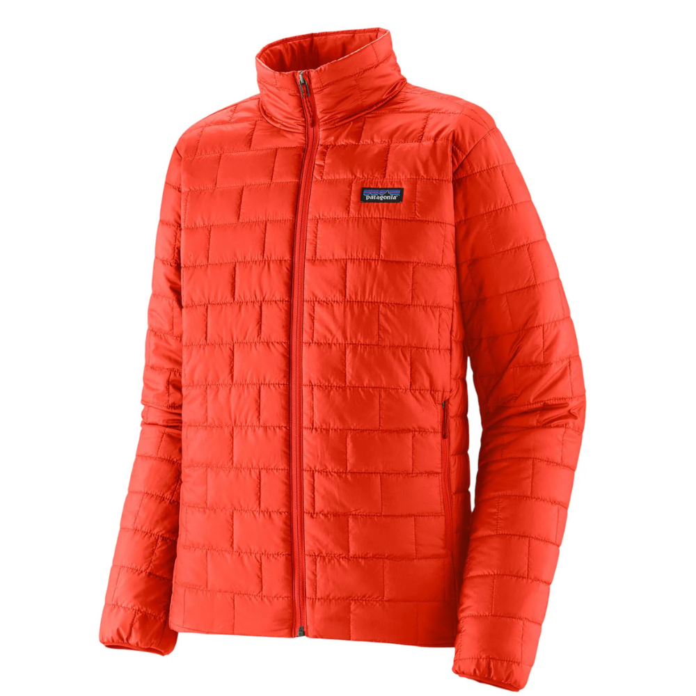 A red, quilted jacket with a stand-up collar and front zipper, featuring a logo patch on the chest.