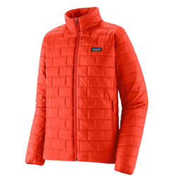 A red, quilted jacket with a stand-up collar and front zipper, featuring a logo patch on the chest.