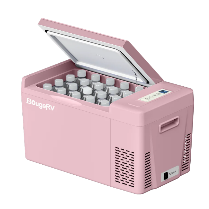 Pink portable cooler from BougeRV with an open lid showing bottles inside, featuring a digital control panel and dual voltage compatibility (DC 12/24V).