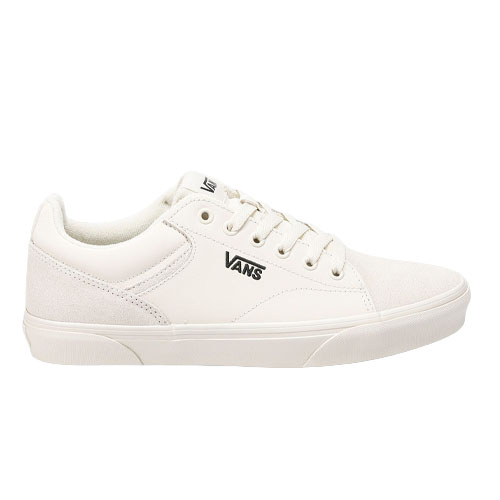 A white Vans sneaker with the logo on the side, featuring a low-top design, lace-up closure, and a rubber sole.