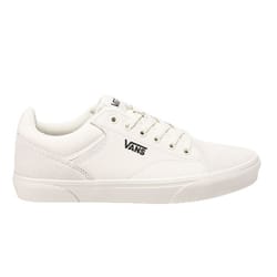 A white Vans sneaker with the logo on the side, featuring a low-top design, lace-up closure, and a rubber sole.