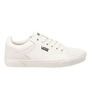 A white Vans sneaker with the logo on the side, featuring a low-top design, lace-up closure, and a rubber sole.