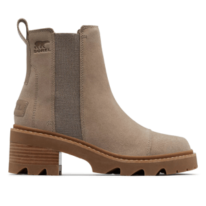 Sorel Joan Chelsea Boots are ankle-high with suede uppers and a sturdy rubber sole. They feature a pull tab, elastic side panels for easy slip-on, and a block heel for added height and style.