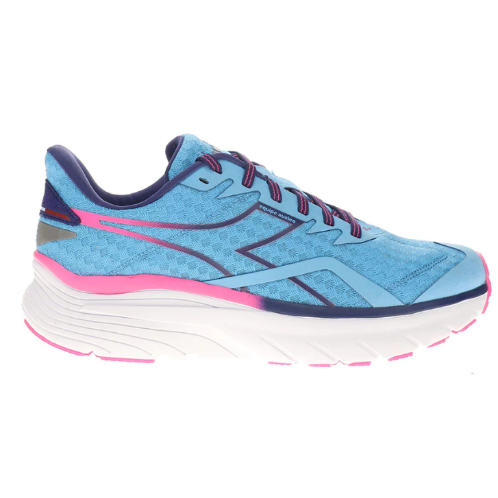 Light blue running shoe with pink and purple accents and a thick white sole.