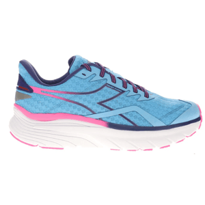 Light blue running shoe with pink and purple accents and a thick white sole.
